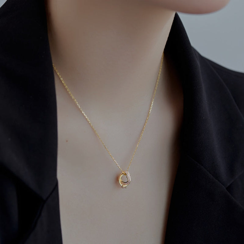 Chic Gold Forever Rings Necklace with Pink Sparkle

