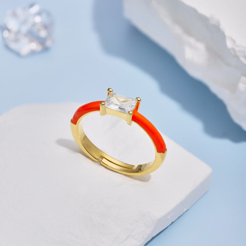 Minimalist Orange Enamel Ring with Clear Stone

