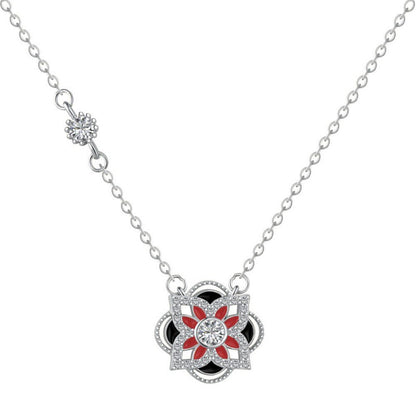 Chic Silver Cloverette Necklace with Central Red and Black Petals

