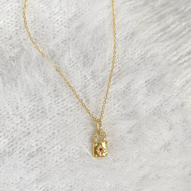 Chic Silver Security Lock Necklace with Red Crystal Detail

