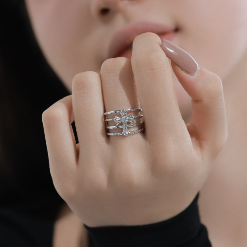Layered Cross Ring with Crystal

