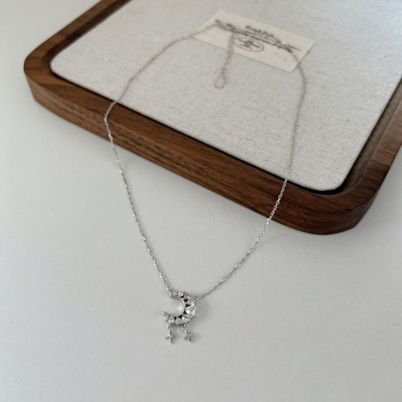 Pave Set Moon & Star Fringe Necklace

