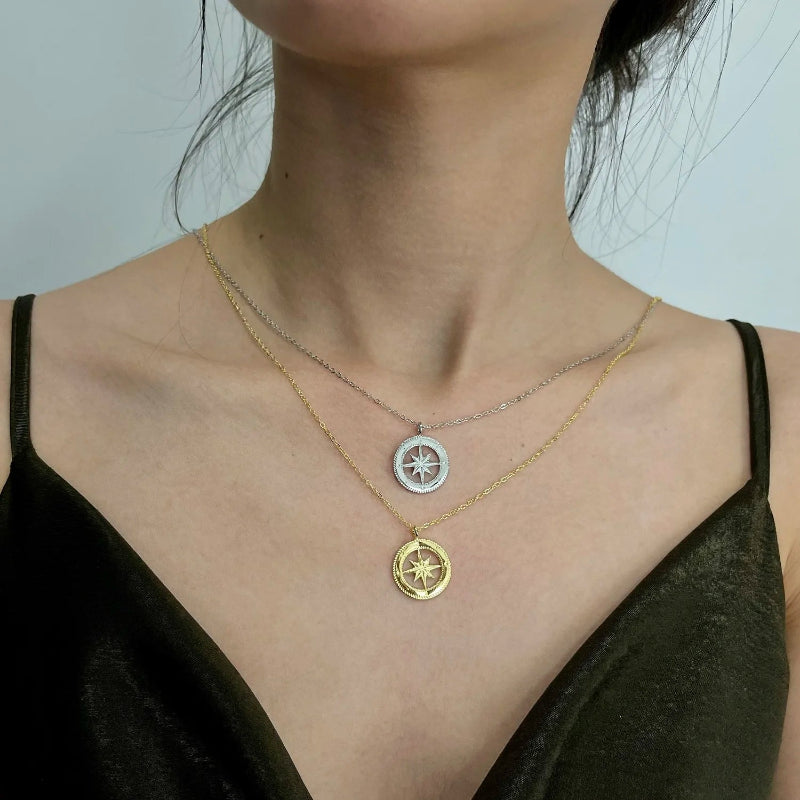 Detailed Compass Point Pendant on Silver Chain

