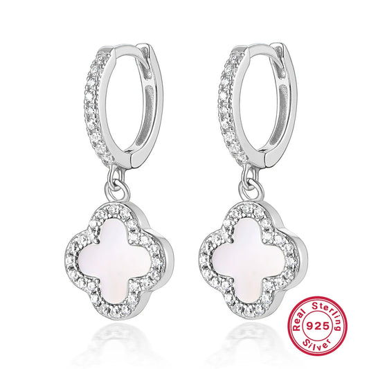 White gold hoop earrings with four-leaf clover charm, white mother-of-pearl and cubic zirconia