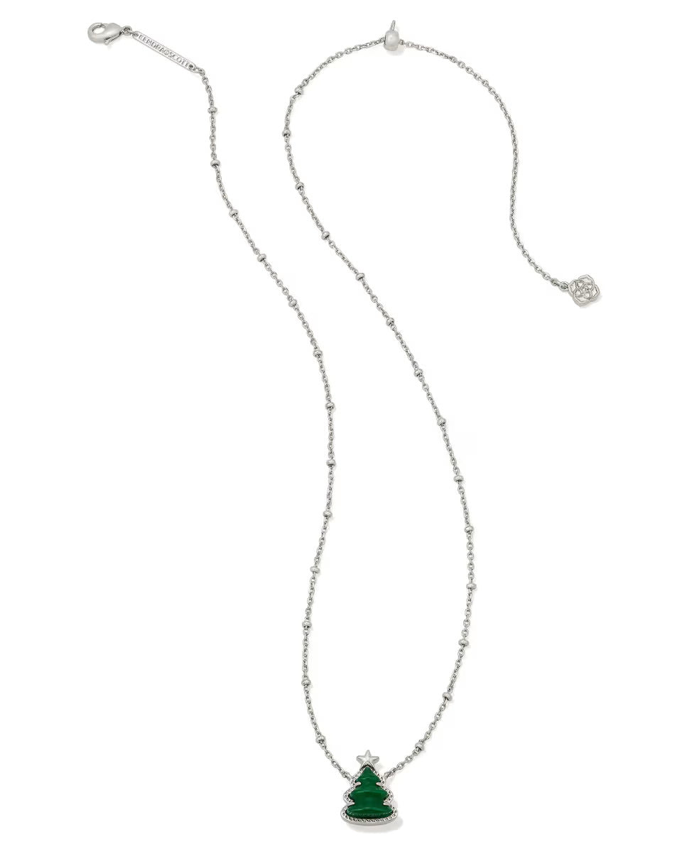 Silver-plated necklace with green Christmas tree pendant and star charm on silver chain