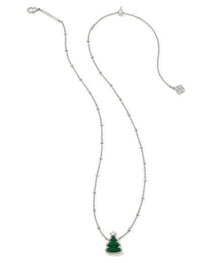 Silver-plated necklace with green Christmas tree pendant and star charm on silver chain