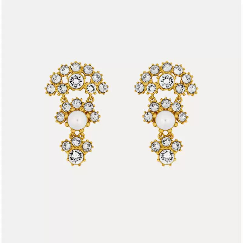 Crystal arched fan-layered stud earrings, gold-tone with clear stones