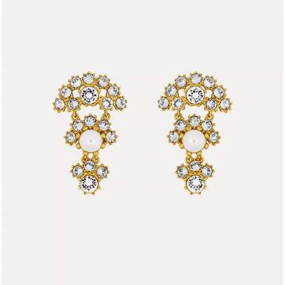 Crystal arched fan-layered stud earrings, gold-tone with clear stones