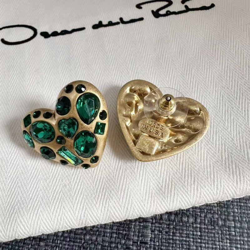 Oscar de la Renta Heart-Shaped Crystal Diamond Stud Earrings
