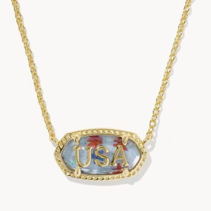 Gold-tone oval USA letter pendant necklace with blue enamel inlay