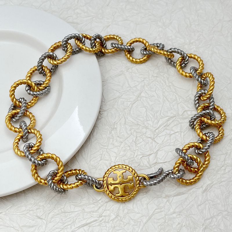 Tory Burch round openwork logo heavy metal bracelet necklace set