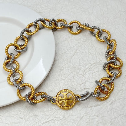 Tory Burch round openwork logo heavy metal bracelet necklace set
