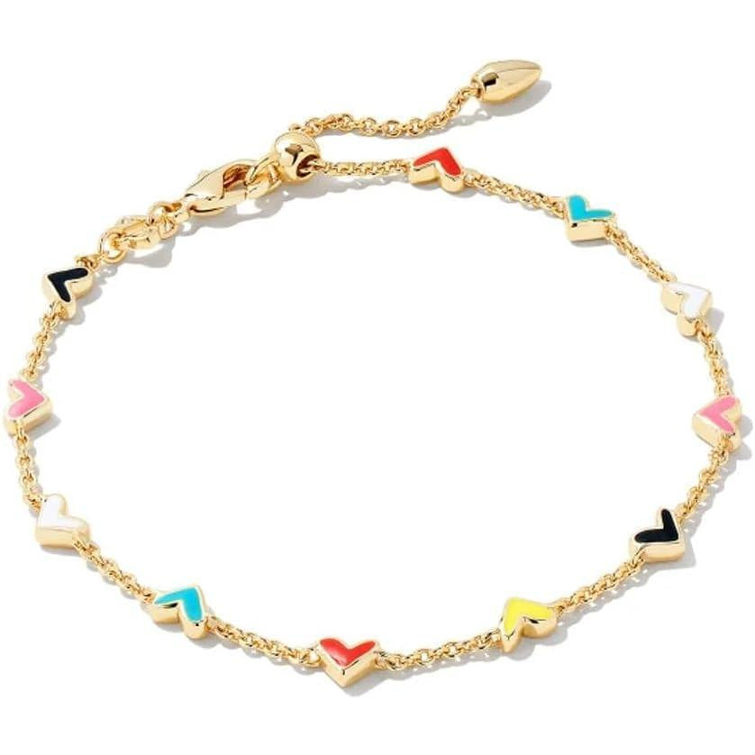 Adjustable heart charm bracelet with gold-tone chain and multicolor mini heart station accents.