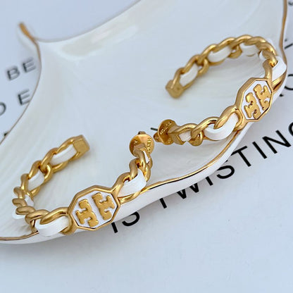 Leather-woven logo hoop earrings with white leather links and gold-tone logo medallions