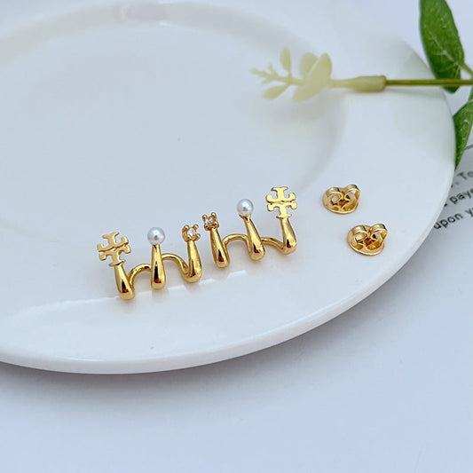 Gold-tone M-shaped logo stud earrings with two white pearls