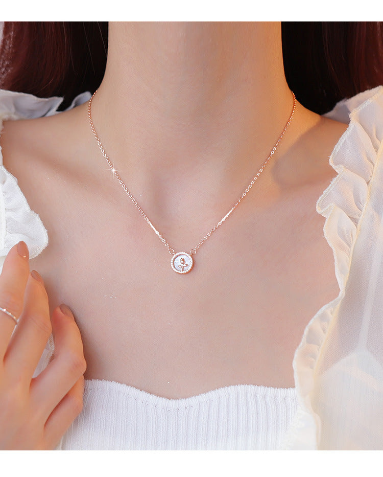S925 Silver Rose and White Mother-of-Pearl Necklace - Holiday Gift