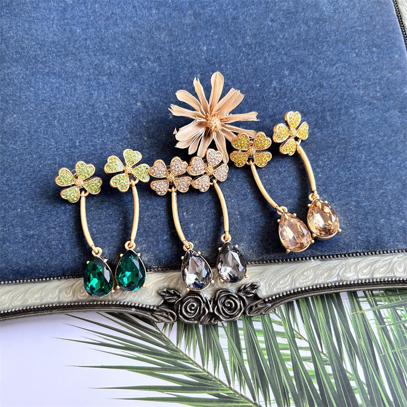 Oscar de la Renta Four-Leaf Clover Teardrop Crystal Drop Earrings