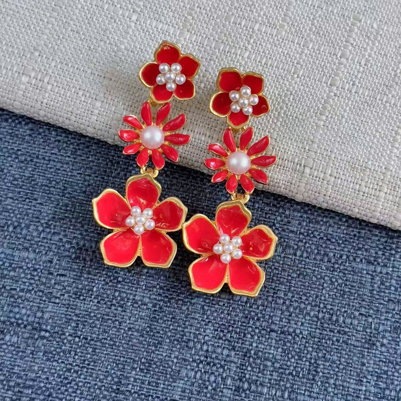 Oscar de la Renta Enamel Plum Blossom Drop Earrings