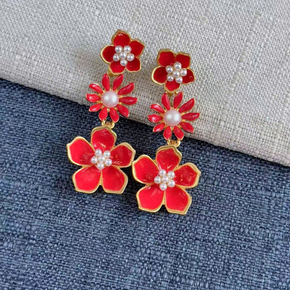 Oscar de la Renta Enamel Plum Blossom Drop Earrings