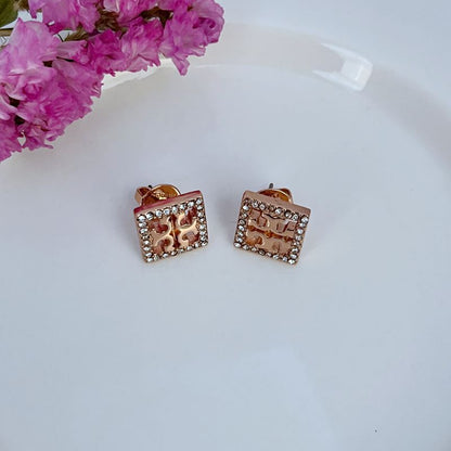 Rose-gold square rhinestone openwork stud earrings with ornate cutout center