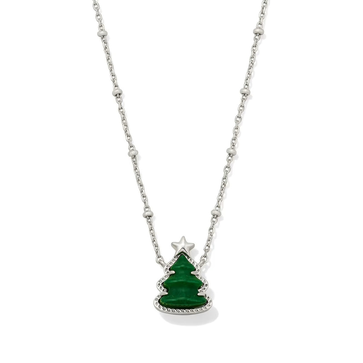 Silver-plated necklace with green Christmas tree pendant and star charm, on silver chain