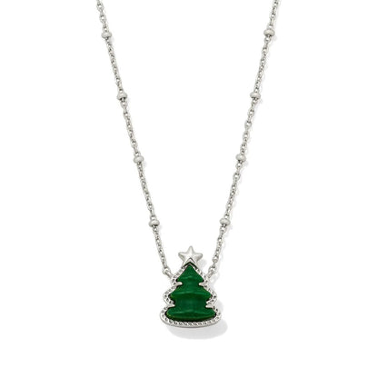 Silver-plated necklace with green Christmas tree pendant and star charm, on silver chain