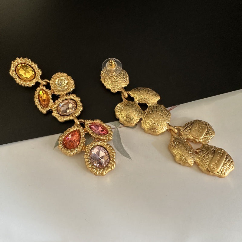 Oscar de la Renta Long Vintage Multi-Colored Crystal Earrings