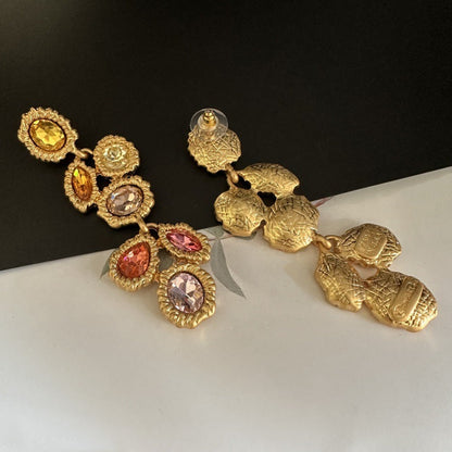 Oscar de la Renta Long Vintage Multi-Colored Crystal Earrings