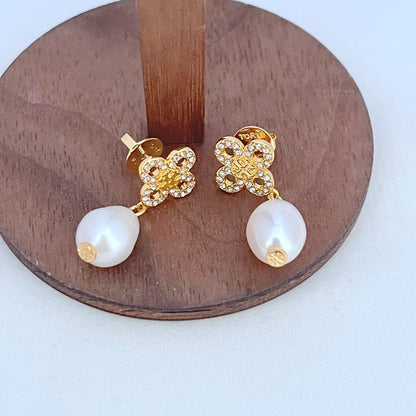 Tory Burch Four-Leaf Clover Diamond Freshwater Pearl Drop Earrings