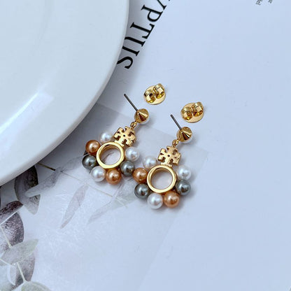 Tory Burch gold-tone pearl cluster circle dangle earrings with rhinestone accents