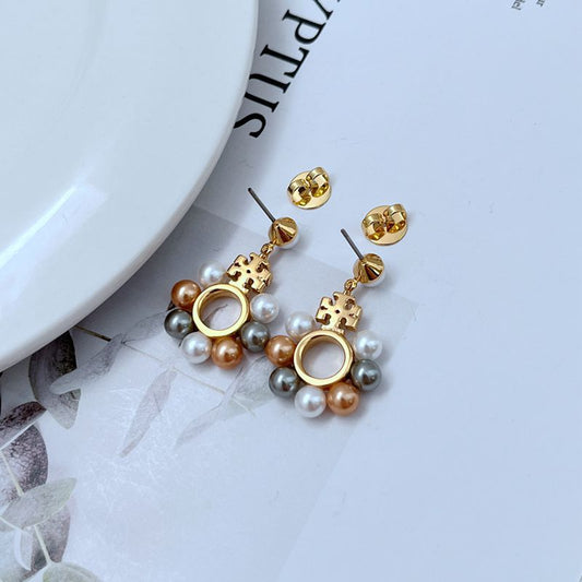 Tory Burch gold-tone pearl cluster circle dangle earrings with rhinestone accents