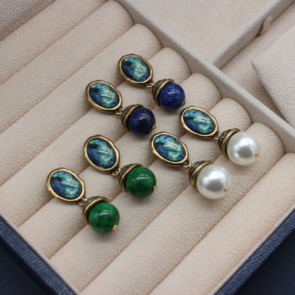 Vintage Oval Lapis Lazuli and Chalcedony Earrings