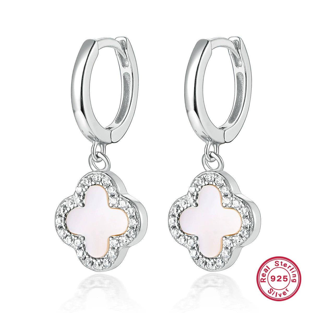 Silver-tone 925 silver hoop earrings with white clover charm and rhinestone border