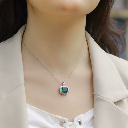 Sterling silver green emerald pendant necklace with halo stones