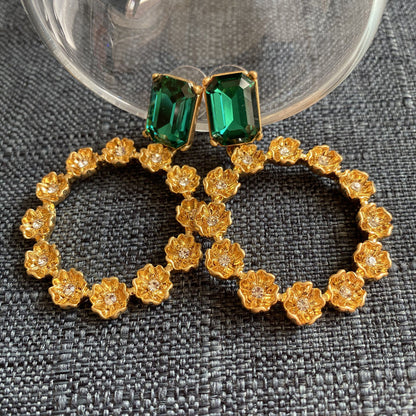 Oscar de la Renta Large Round Earrings with Floral Motif Zircon