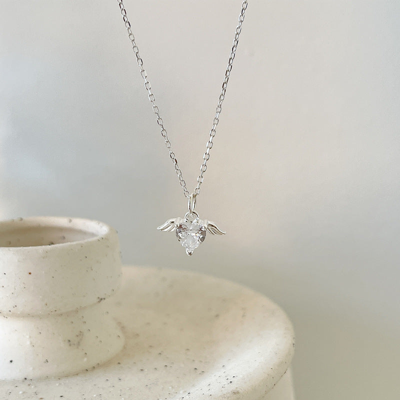 S925 Silver Angel Wing Heart CZ Pendant Necklace