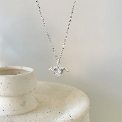 S925 Silver Angel Wing Heart CZ Pendant Necklace
