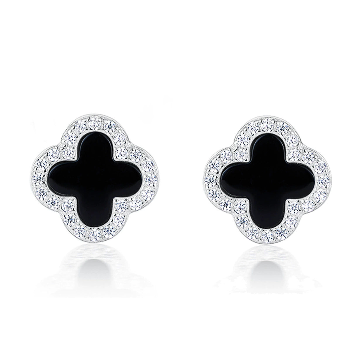 Silver-tone four-leaf clover earrings with black onyx and clear pavé stones