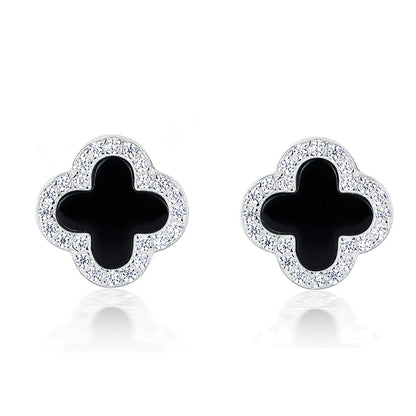 Silver-tone four-leaf clover earrings with black onyx and clear pavé stones