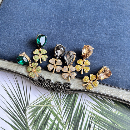 Oscar de la Renta Vintage Full Diamond Four-Leaf Clover Earrings