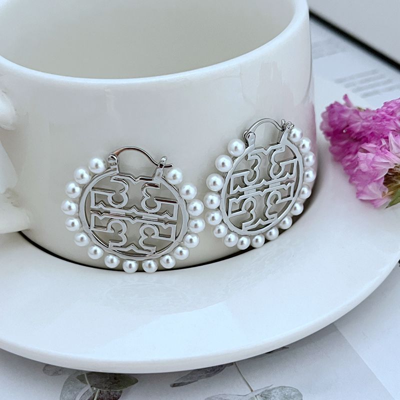 Tory Burch Exquisite Pearl Round Logo Women's Metal Earrings