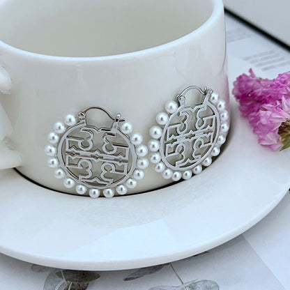 Tory Burch Exquisite Pearl Round Logo Women's Metal Earrings