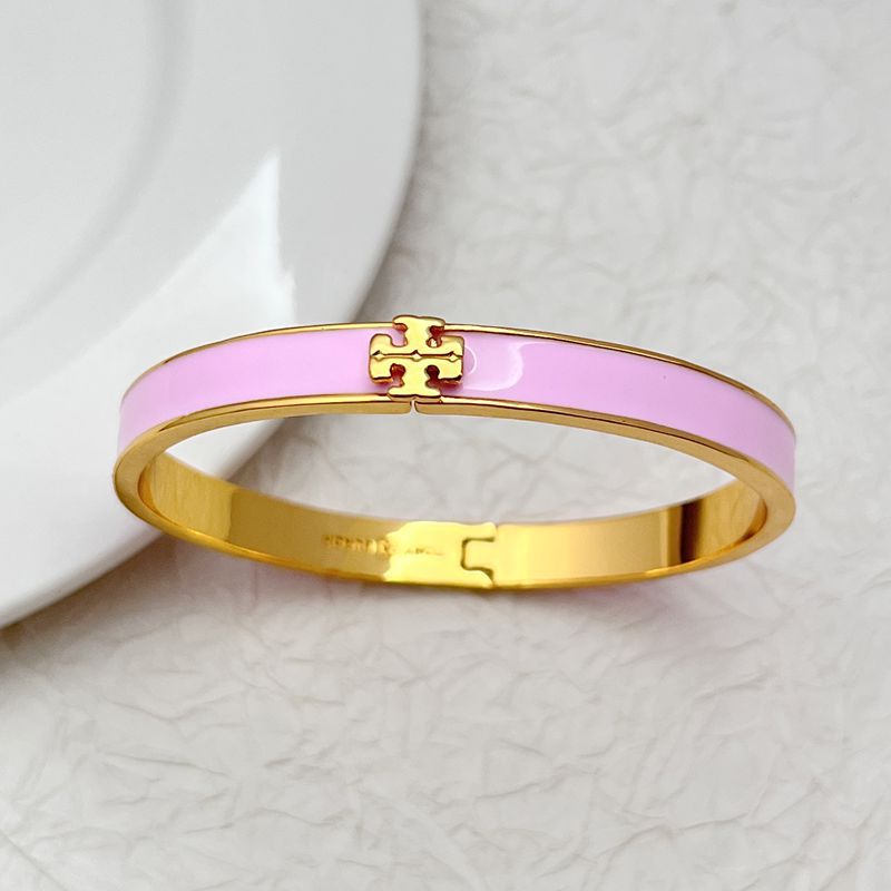 Tory Burch enamel metal bangle, pink enamel with gold logo clasp