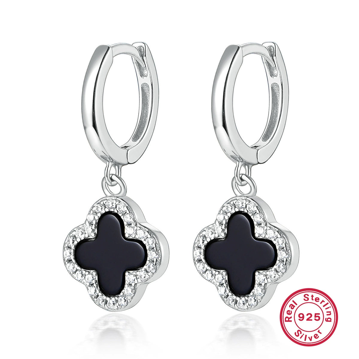 White gold 925 silver clover drop earrings with black onyx and crystal halo