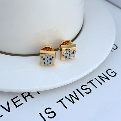 Square logo metal stud earrings in gold-tone with hinged post backs
