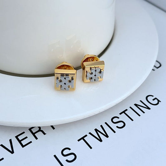 Square logo metal stud earrings in gold-tone with hinged post backs