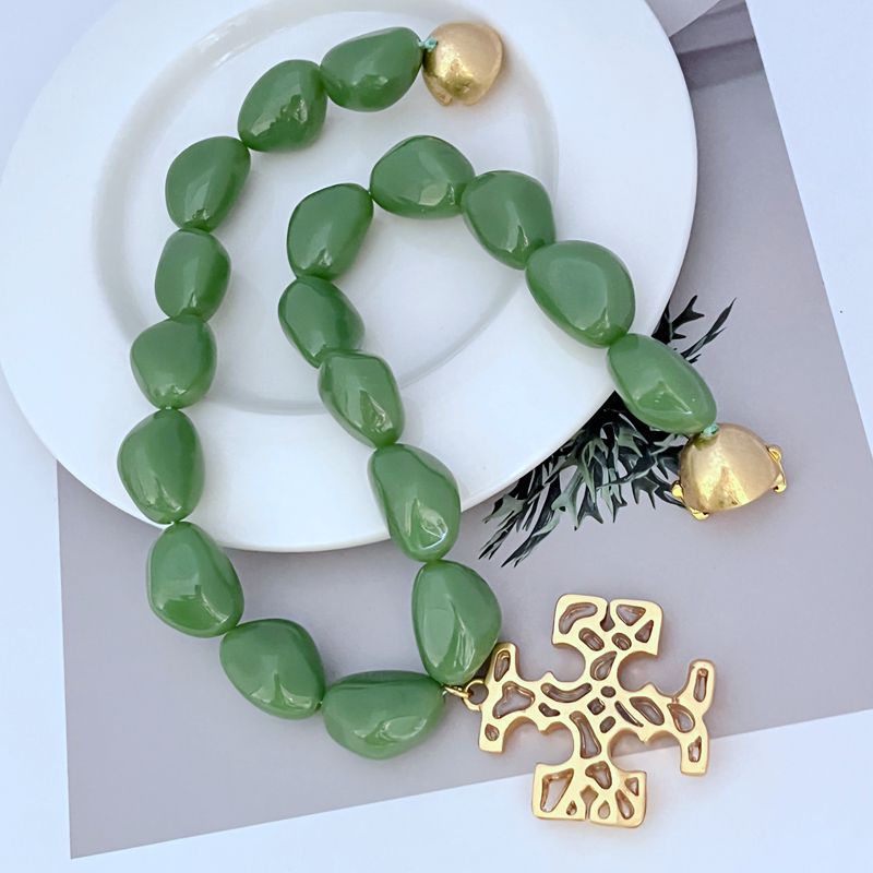 Tory Burch Green Acrylic Logo Pendant Metal Necklace