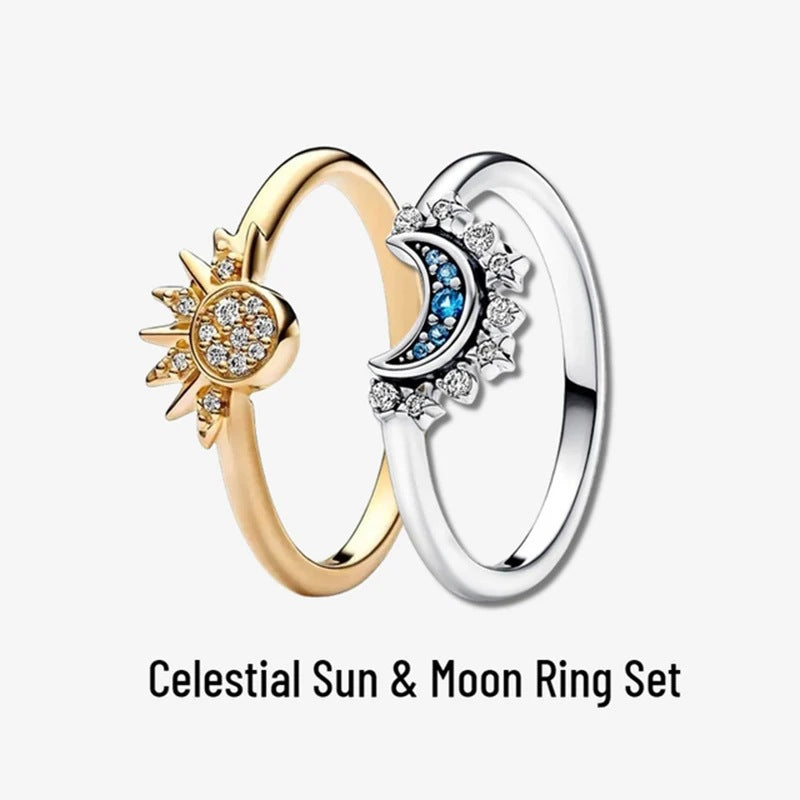 S925 Sterling Silver Celestial Sun and Moon Pandora Ring Set