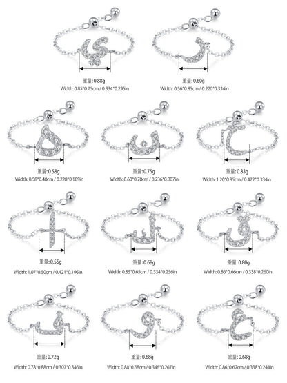 Silver-tone adjustable chain rings with pavé Arabic letter charms, dimension diagrams