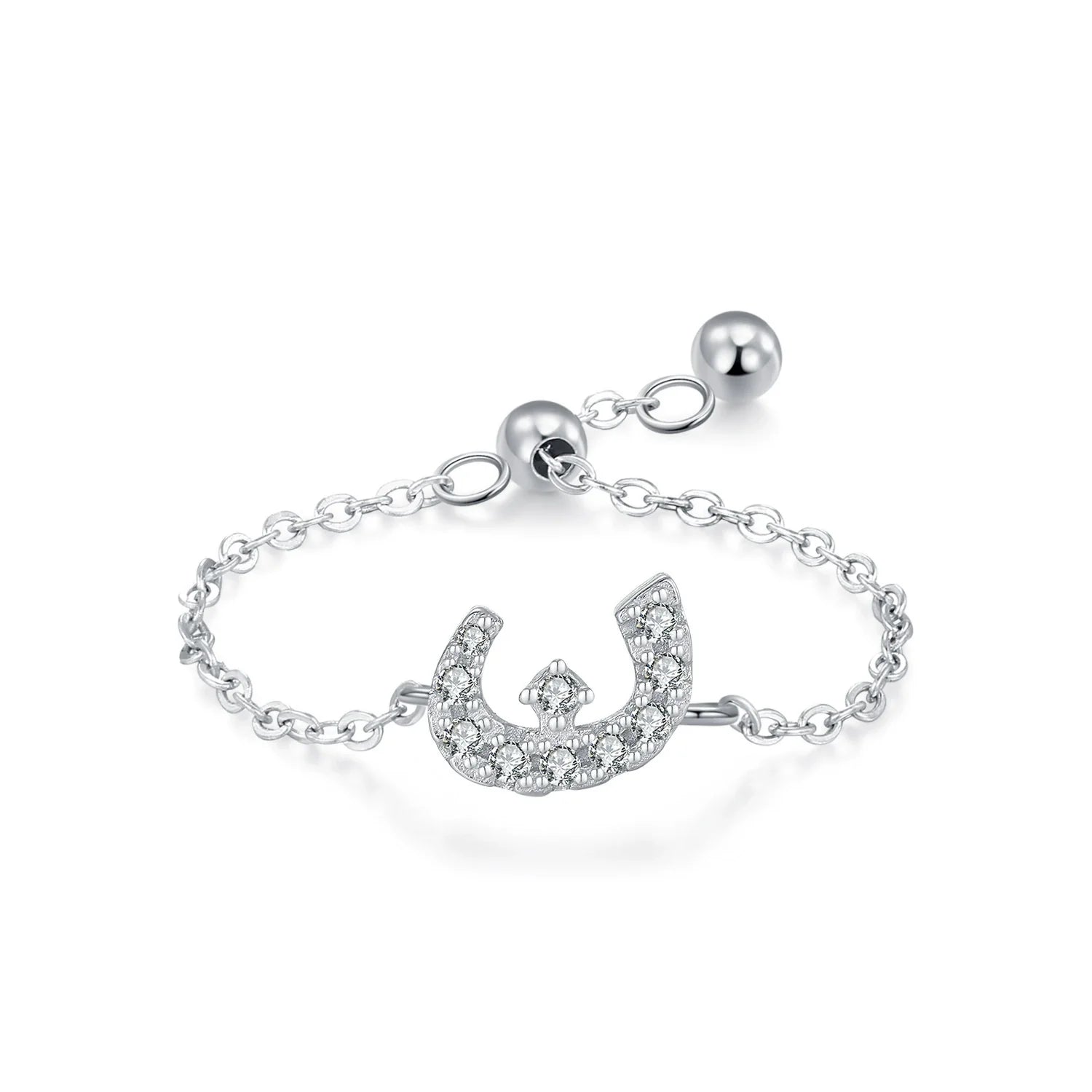 Adjustable silver pavé Arabic letter ring with CZ stones, chain band and clasp